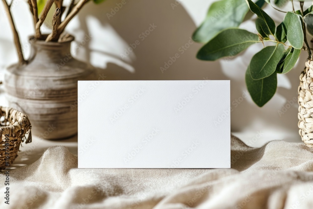 Minimalist display featuring blank card surrounded by textured f