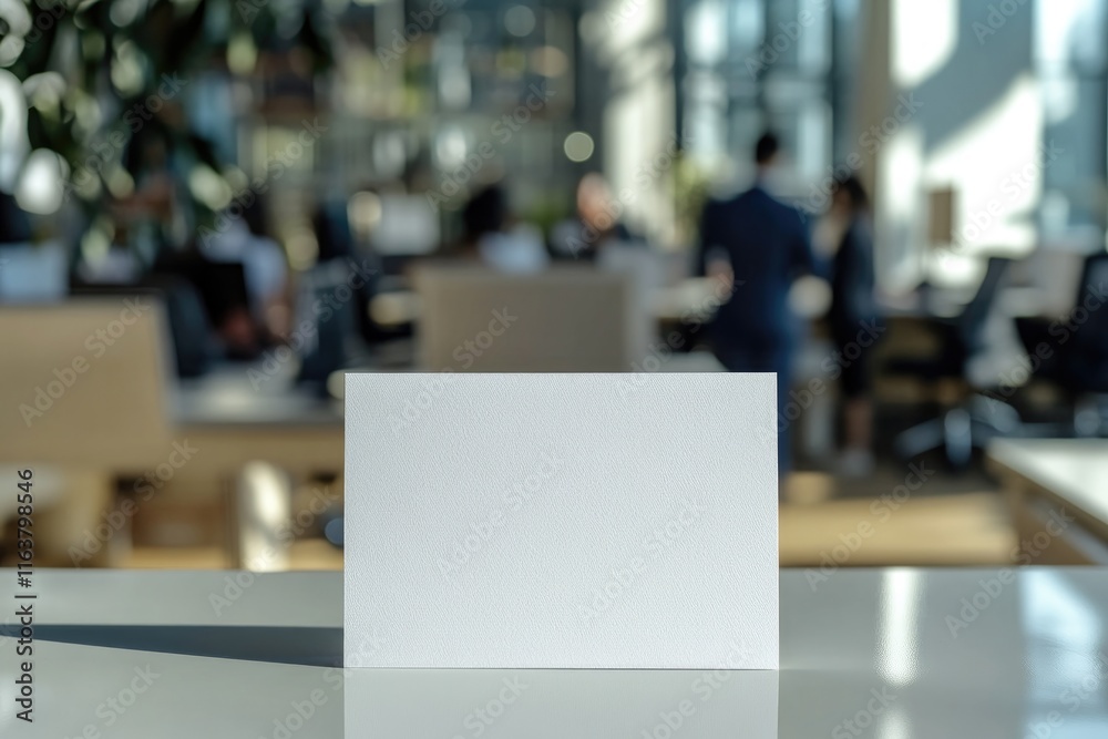 Blank card placed on table in modern office, natural light illum Blank card placed on table in modern office, natural light illum