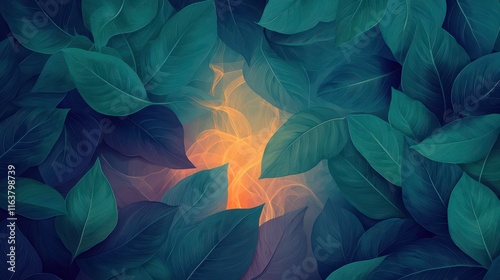 Vibrant Green Leaves Surrounding Glowing Light in Dark Background