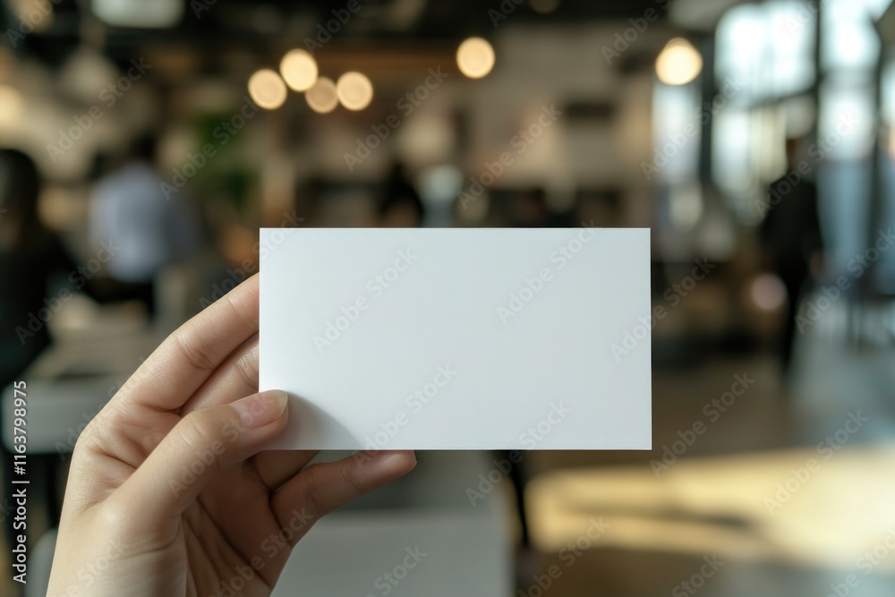 Empty card held in hand against blurred modern workspace backgro Empty card held in hand against blurred modern workspace backgro