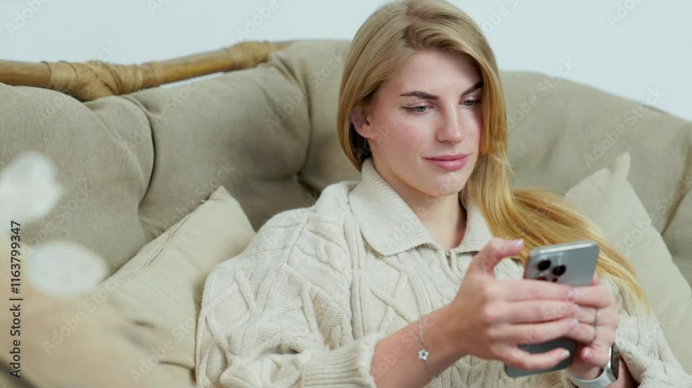 Portrait of Sweet Young Woman with Smartphone in Her Hands Sitting in Home Room. Girl Watches Videos and Scrolls Through Social Media on Phone Portrait of Sweet Young Woman with Smartphone in Her Hands Sitting in Home Room. Girl Watches Videos and Scrolls Through Social Media on Phone