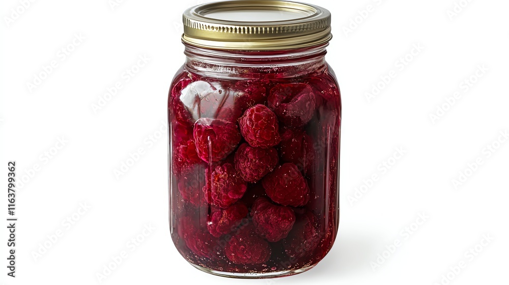 Jar of delicious raspberries in syrup on a white isolated background. Jar of delicious raspberries in syrup on a white isolated background.