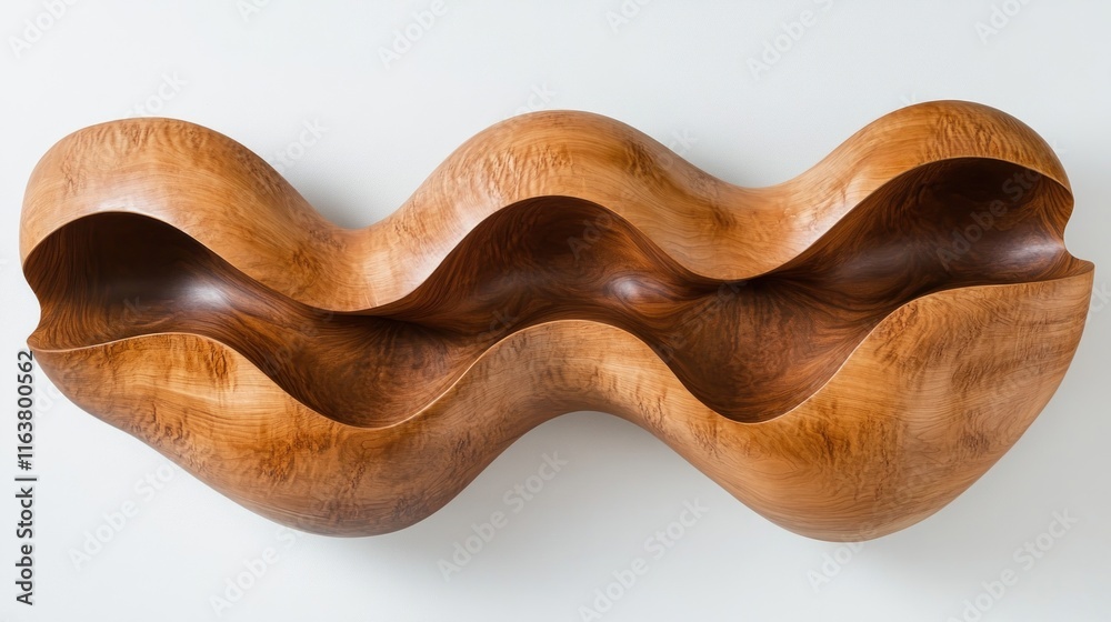 Obraz premium Abstract wooden sculpture with flowing, wave-like form and hollowed interior.