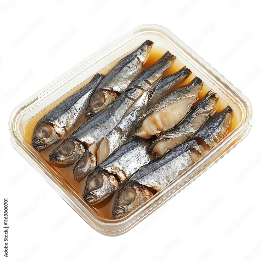 Salted fish in a plastic container, white isolate background Salted fish in a plastic container, white isolate background
