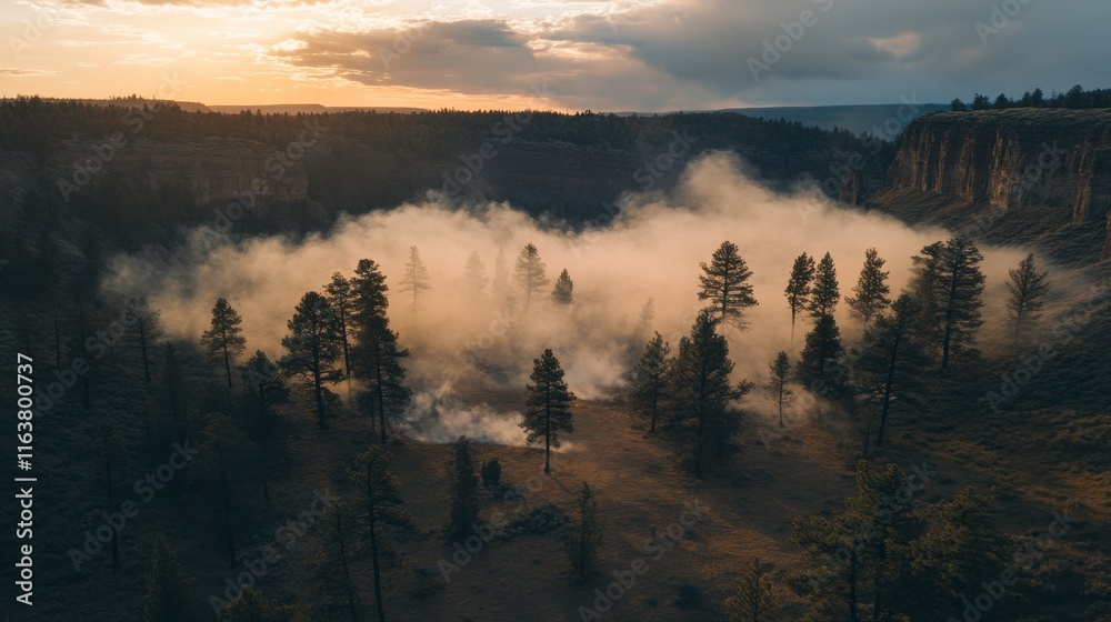 Aerial View of Smoke Drifting Through a Canyon at Dusk Aerial View of Smoke Drifting Through a Canyon at Dusk