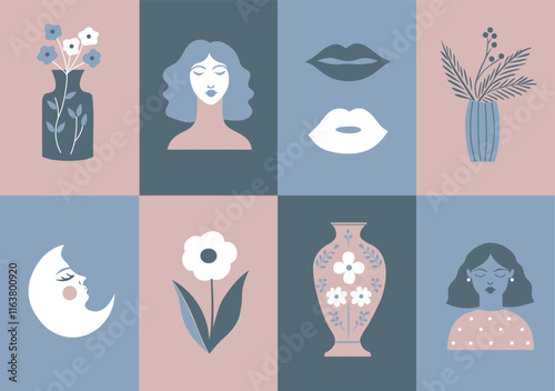 Hand drawn aesthetic illustrations of flowers and girls