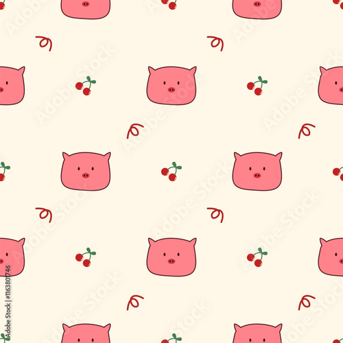 Face pig cartoon so cute. On cherry background. Pattern seamless vector illustration. 