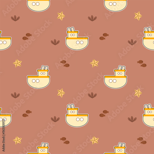 Ship cartoon so cute. On fish starfish seaweed background. Pattern seamless vector illustration. 