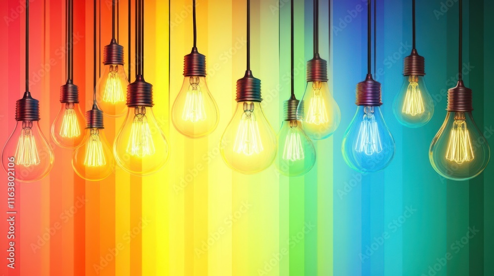 Colorful lightbulbs hanging against a rainbow backdrop. Colorful lightbulbs hanging against a rainbow backdrop.