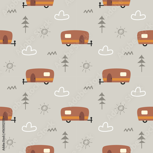 Camping trailer cartoon so cute. On tree cloud sun gray background. Pattern seamless vector illustration. 