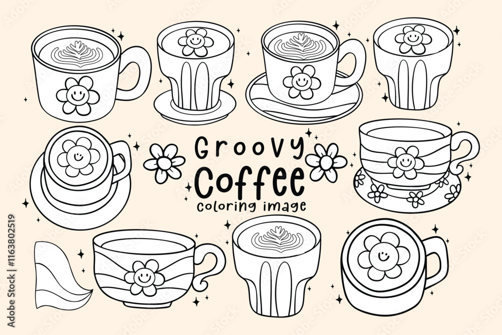 Obraz premium Group of Cute Groovy Retro Coffee in cup and mug Latte, Cappuccino Hot Drink Hand Drawn Coloring Image