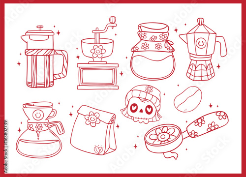 Group of Cute Groovy Retro Coffee Equipment Outline Doodle Hand Drawn, grinder, pour over, bean, bag, drip, espresso, press