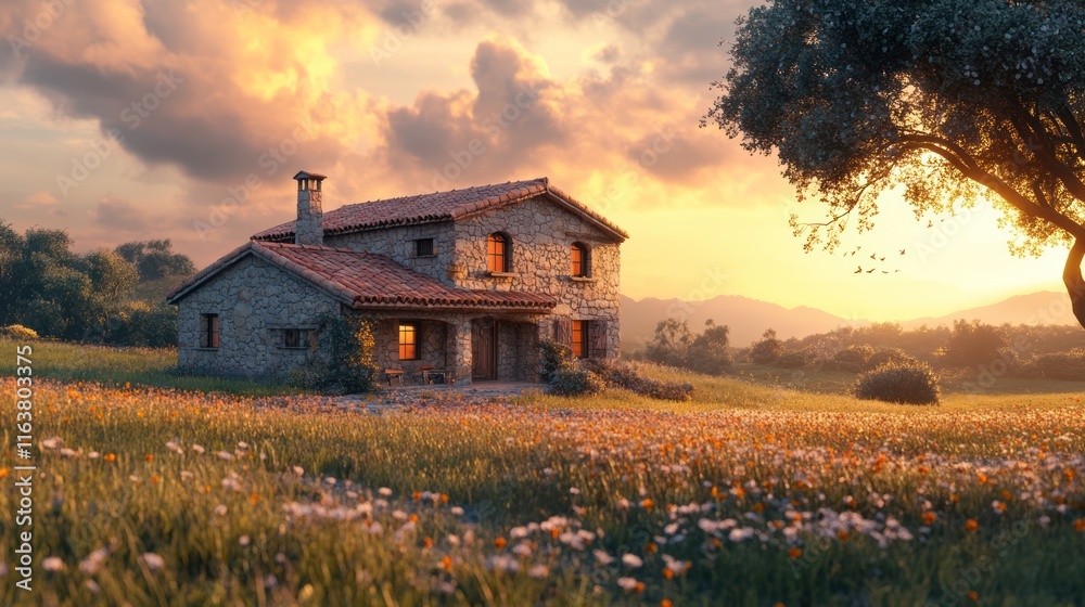 Stone house in wildflowers at sunset. Stone house in wildflowers at sunset.