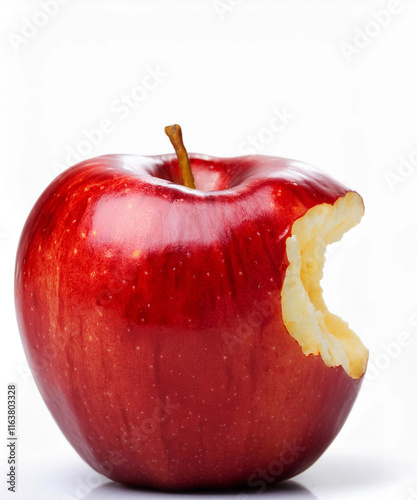Una deliciosa y jugosa manzana roja mordida aislada sobre fondo blanco