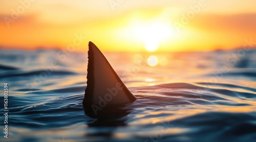 Un aileron de requin émergeant de l'océan au coucher du soleil, symbolisant le danger et la peur dans la nature, arrière-plan flou.