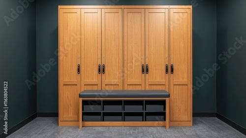 Modern wooden storage cabinets with bench in contemporary room