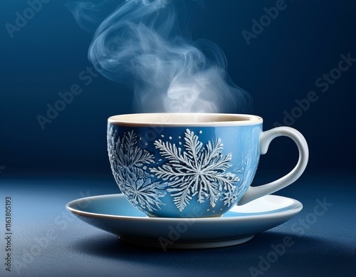 Winter-themed coffee cup with frosty patterns and steam rising