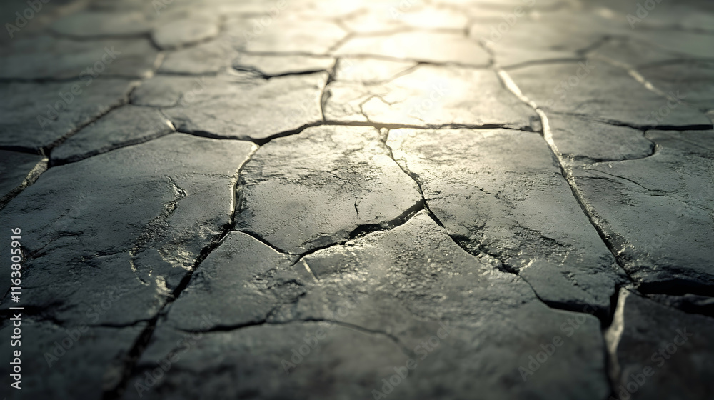 Photorealistic close-up of cracked concrete tiles, showcasing texture and detail, evoking urban decay and rugged surface imperfections Photorealistic close-up of cracked concrete tiles, showcasing texture and detail, evoking urban decay and rugged surface imperfections