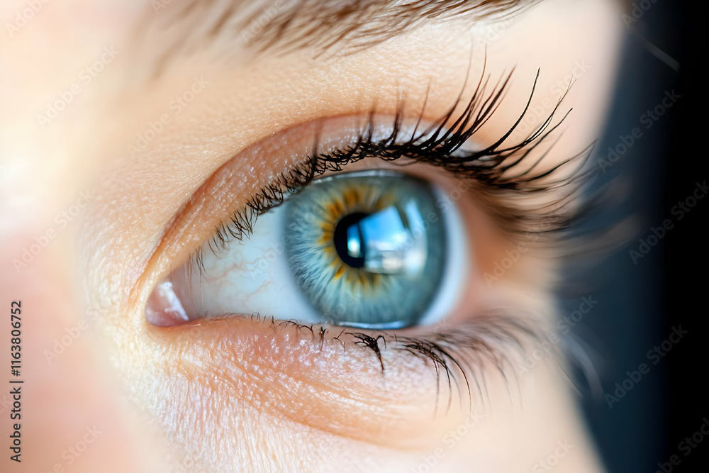 Obraz premium Close-up of a beautiful blue eye with long lashes.