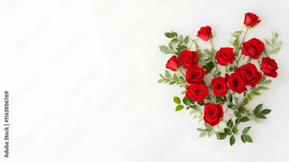 Heart shaped arrangement of red roses with green leaves on white background, symbolizing love and affection Heart shaped arrangement of red roses with green leaves on white background, symbolizing love and affection