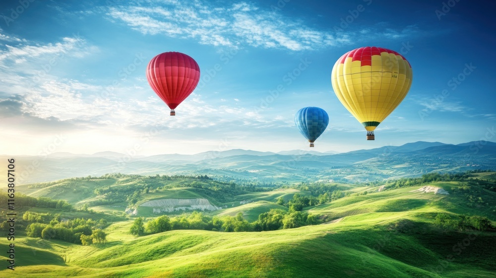 Obraz premium Hot Air Balloons Soaring Over Lush Green Hills and Mountains