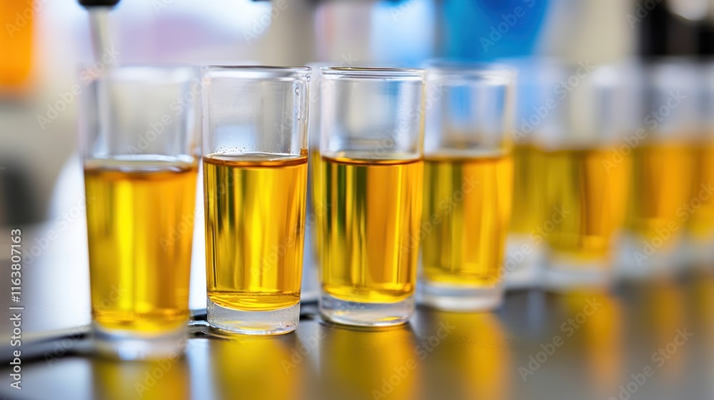 Golden Liquid Samples in Glassware: A Close-Up View of a Scientific or Industrial Process Golden Liquid Samples in Glassware: A Close-Up View of a Scientific or Industrial Process