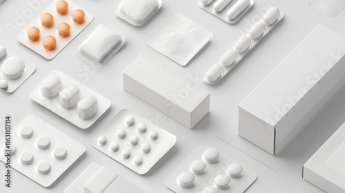 Blisters with medical drugs in open white boxes. Vector realistic mock up of 3d pharmacy package, round and oval pills and tablets in blank carton packs. Template of medicaments wrapping