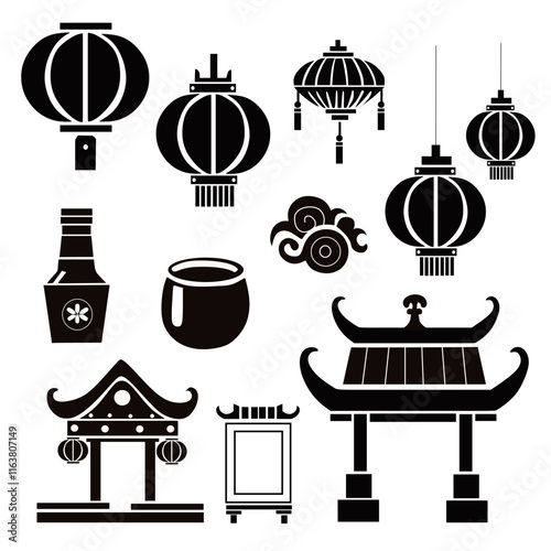 set of chinese ornament vector icon. Chinese New Year elements consisting of tea, Chinese lamp ornaments, Chinese drinks, Chinese gates, and Chinese house boards