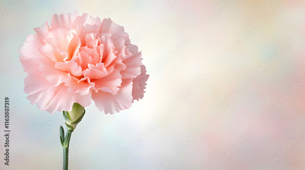 Fototapeta premium close up of delicate pink carnation flower with soft petals and blurred background