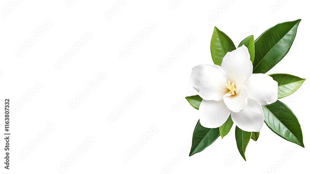 Obraz premium close up of single gardenia bloom with pristine white petals and lush green leaves, evoking sense of tranquility and beauty