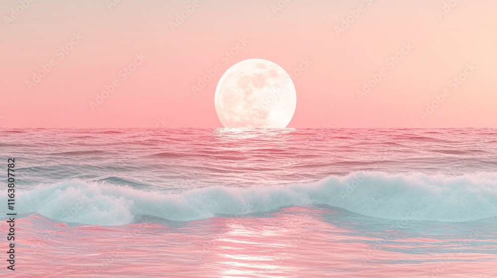 Pink sunset, full moon over ocean waves. Pink sunset, full moon over ocean waves.