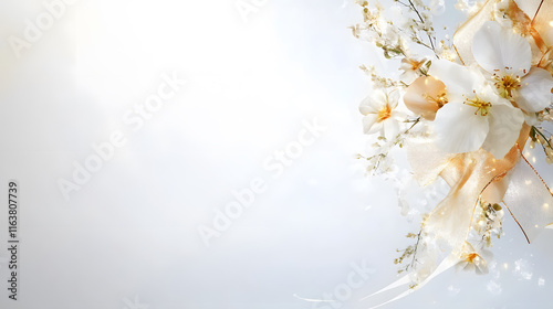Elegant floral arrangement with white flowers and golden ribbon accents