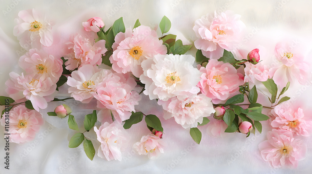 Whimsical scene of pink peonies scattered across soft background, evoking tranquility and beauty Whimsical scene of pink peonies scattered across soft background, evoking tranquility and beauty