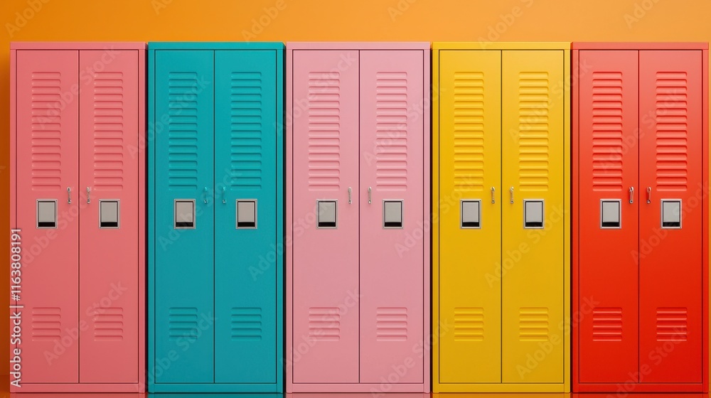 Fototapeta premium Colorful Lockers in a Bright Room with Orange Wall Background