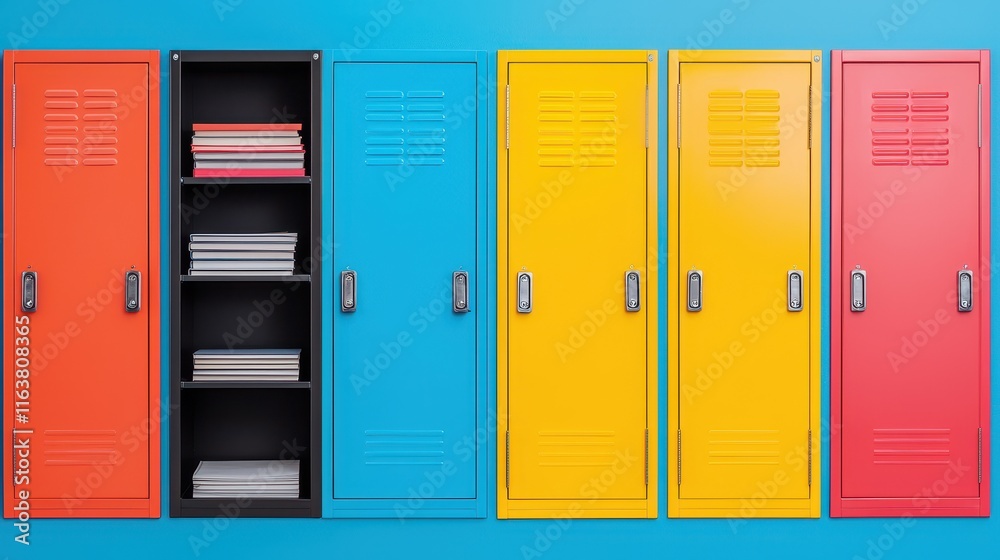 Colorful Lockers and Shelves in Vibrant Classroom Setting Colorful Lockers and Shelves in Vibrant Classroom Setting