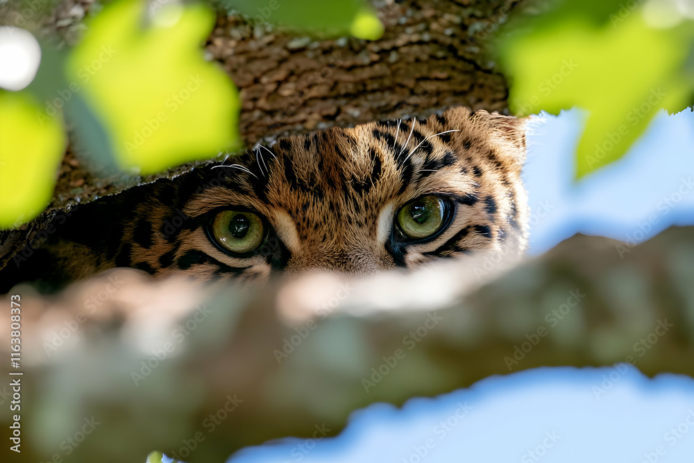 Fototapeta premium Leopard hiding in tree, peering through leaves.