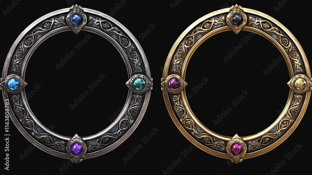 Empty circle silver and gold frames in medieval style for game ui ...