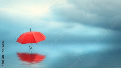 Red umbrella reflecting on calm water under cloudy sky.
