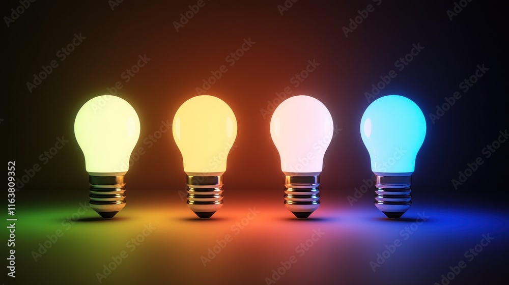 Four illuminated light bulbs in different colors. Four illuminated light bulbs in different colors.