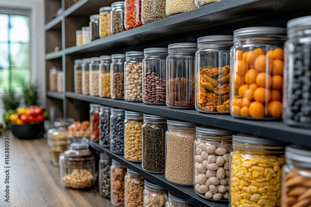 Organized pantry with floor-to-ceiling shelves modern kitchen high fidelity visuals bright space inviting atmosphere home organization concept Organized pantry with floor-to-ceiling shelves modern kitchen high fidelity visuals bright space inviting atmosphere home organization concept
