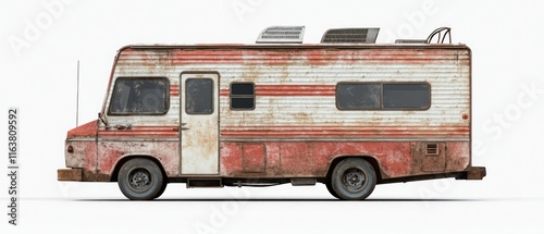 Rusty vintage campervan, side view, isolated on white background. photo