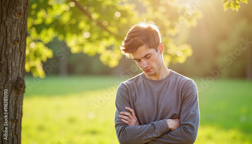 Young man feeling sad outdoors in a sunny park