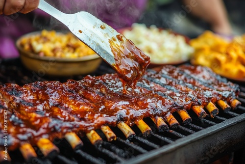 Homemade barbecue ribs being glazed with sauce, with sides like coleslaw and cornbread visible, outdoor kitchen setting photo