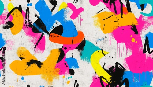 seamless repeating pattern graffiti street art, with spray paint textures, bold tags, and vibrant splashes of color.
