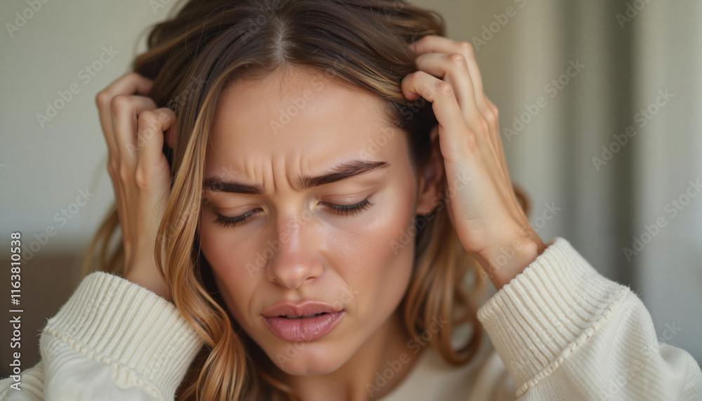 Woman expressing stress and frustration indoors Woman expressing stress and frustration indoors