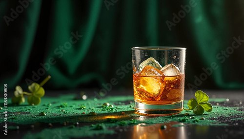 Glass of Irish whiskey with ice for St. Patrick’s Day celebration