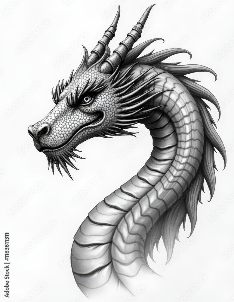 A black and white drawing of a dragon's head A black and white drawing of a dragon's head