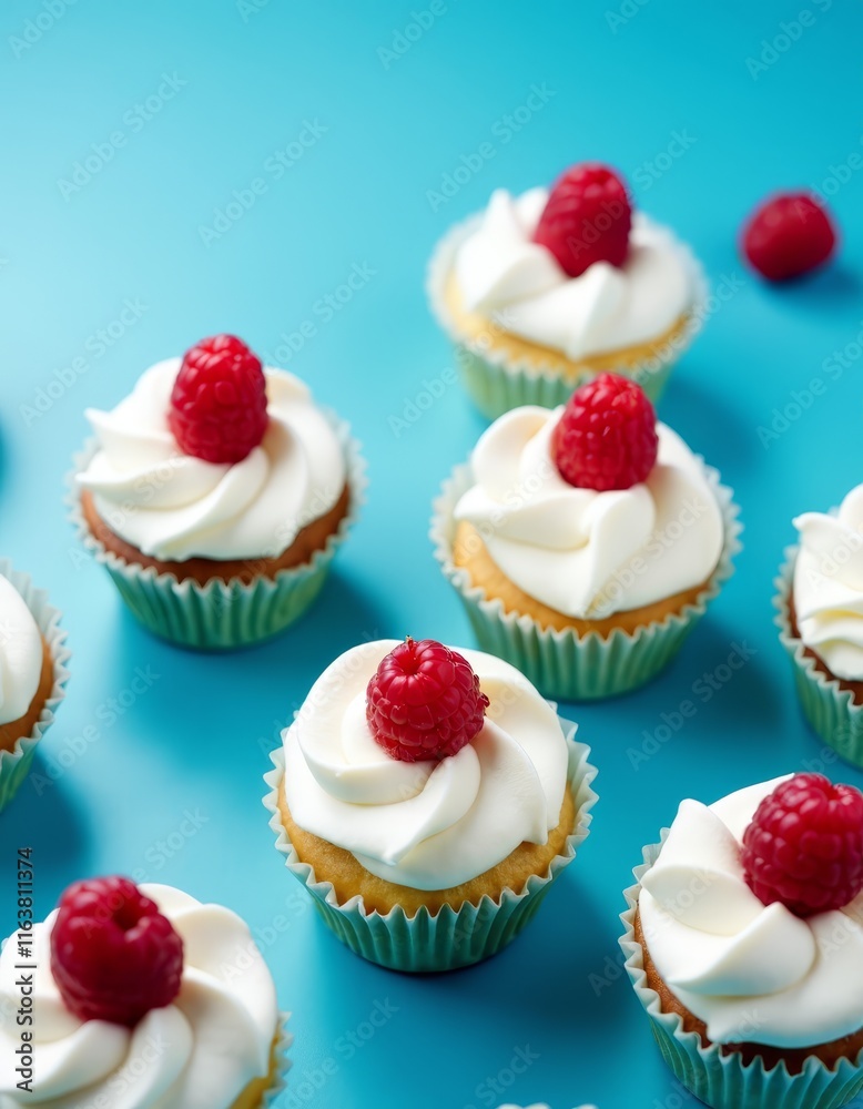 A group of cupcakes with white frosting and raspberries on top A group of cupcakes with white frosting and raspberries on top