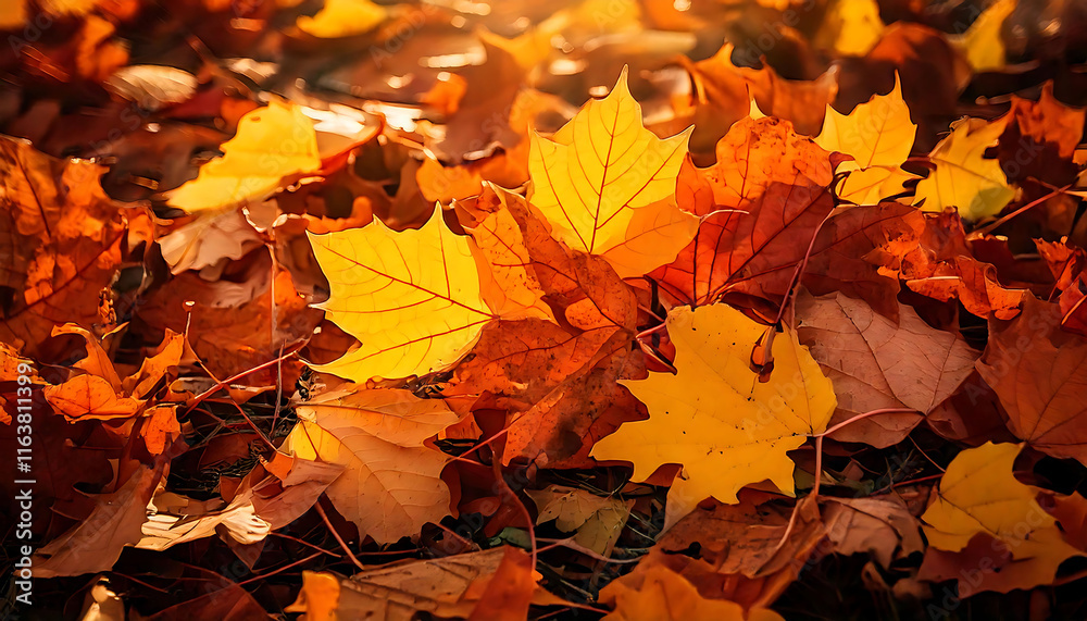 Fototapeta premium Vibrant autumn leaves in warm sunlight. Rich oranges and golds create a stunning fall scene, perfect for seasonal designs, blogs, or websites. Evokes feelings of warmth and tranquility. Ideal for