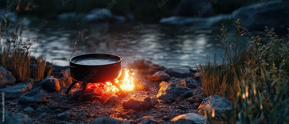 Campfire cooking pot over flames by river. Campfire cooking pot over flames by river.